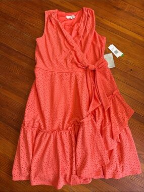 New Robbie Bee Women’s Coral Eyelet Faux-Wrap Sundress size large
